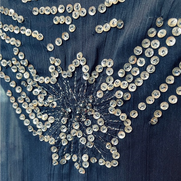 H&M Autumn Collection Blue Silver Sheer Chiffon Beaded Sequin Glam Gatsby Dress - Picture 3 of 8